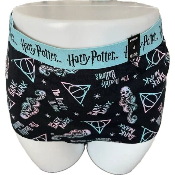 Harry Potter + 4 Deathly Hallows-Dark Mark Print Logo Waistband Boyshort Panties - Picture 2 of 6